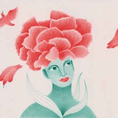Figura humana com flor rosa na cabeça e pássaros vermelhos em fundo branco
