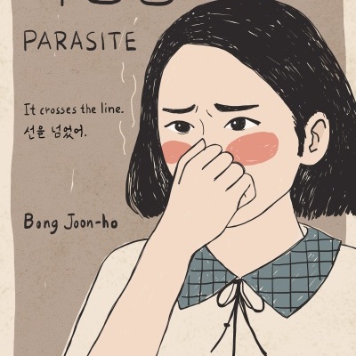 Ilustração de jovem mulher segurando o nariz com textos em coreano e inglês