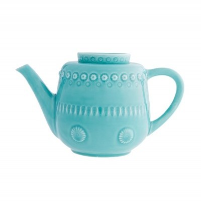 Chaleira azul turquesa de cerâmica com padrão em relevo