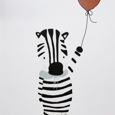 Desenho minimalista de zebra a segurar um balão castanho.