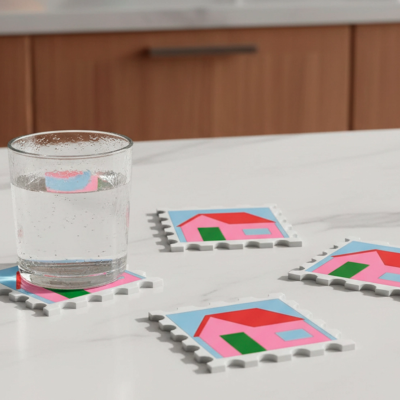 Bases quadradas em plástico branco com padrão de casa colorida e copo em cima de uma base