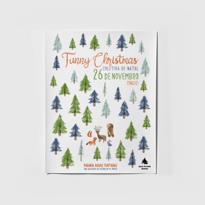 Cartaz colorido de evento de Natal com árvores e animais desenhados