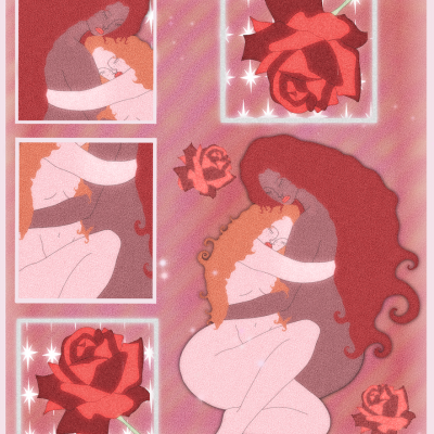 Ilustração digital de duas mulheres abraçadas com rosas vermelhas em fundo rosa brilhante.
