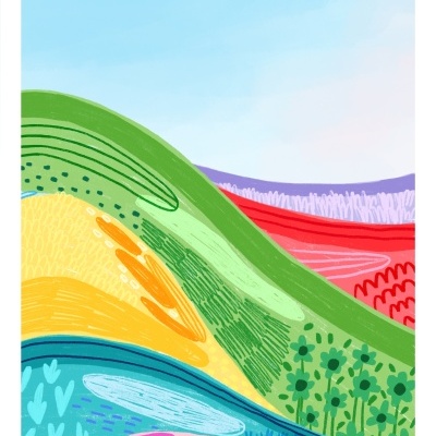 Ilustração colorida de colinas estilizadas com padrões variados