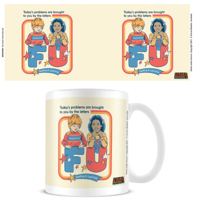 Caneca branca com ilustração colorida de crianças e letras F U com texto em inglês
