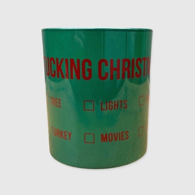 Copo verde com texto vermelho e opções de checklist