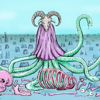 Criatura fantástica com corpo de polvo e cabeça de carneiro sobre campo com esqueletos e pedras tombadas