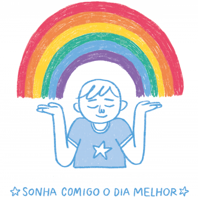 Desenho de pessoa com t-shirt azul e arco-íris, texto motivacional em português