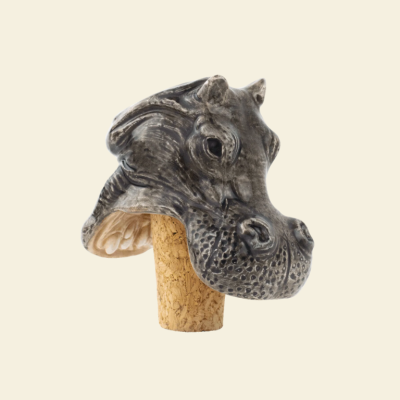 Rolha para garrafa com cabeça de hipopótamo em cerâmica e cortiça natural