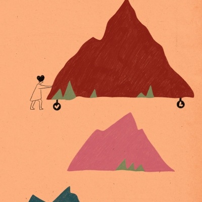 Ilustração colorida de montanhas com pessoas a empurrá-las sobre rodas