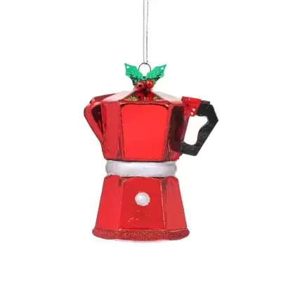 Ornamento natalício cafeteira moka vermelha com decoração de folhas e bagas