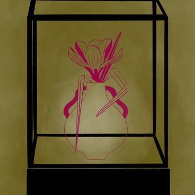 Desenho de vaso com flores dentro de caixa preta sobre fundo verde-oliva