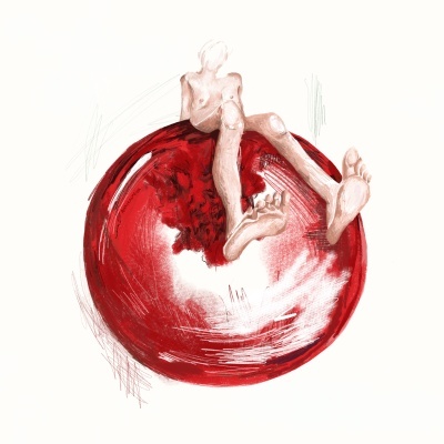 Figura humana estilizada sobre esfera vermelha brilhante em fundo branco