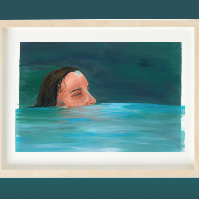 Quadro com ilustração de pessoa emergindo da água em moldura de madeira