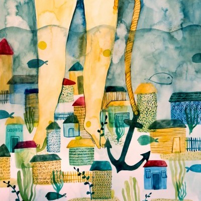 Ilustração de indivíduo submerso segurando âncora com cenário subaquático de casas e peixes.