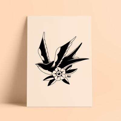 Cartaz ilustrado com pássaro e flor em preto e branco