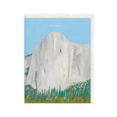 Cartão com ilustração de montanha, escalador e texto YOU ROCK