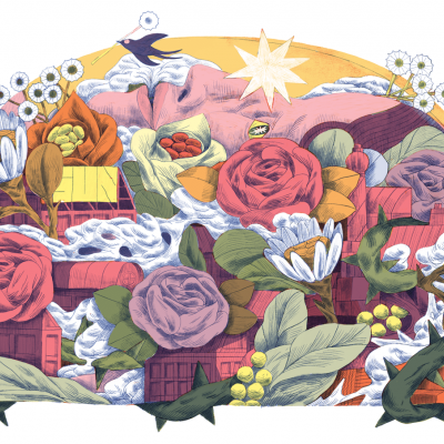 Caixas vermelhas com flores coloridas e estrela branca num fundo colorido