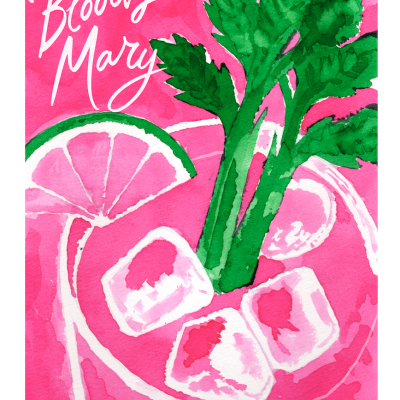 Ilustração em aquarela de um cocktail Bloody Mary com lima, aipo e gelo num fundo rosa