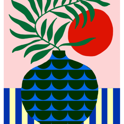 Ilustração de vaso azul com padrão verde, folhas verdes e círculo vermelho, fundo rosa e superfície às riscas azuis e amarelas