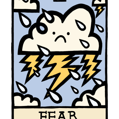 Cartão ilustrado com nuvem com raios e gotas de chuva, número IV e palavra FEAR.