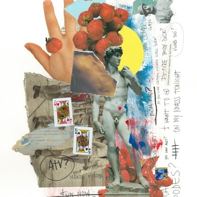 Colagem artística com estátua e morangos