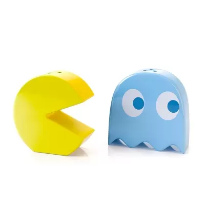 Saleiro amarelo Pac-Man e pimenteiro azul fantasma com olhos no fundo branco