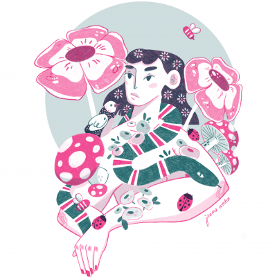 Ilustração colorida de figura feminina com flores, cogumelos, joaninhas e abelhas.