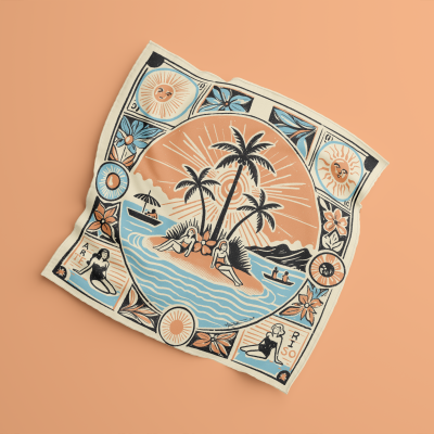 Pano quadrado estampado com ilha, palmeiras, figuras femininas e padrões florais