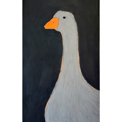Pintura minimalista de ganso cinzento com bico laranja sobre fundo preto.