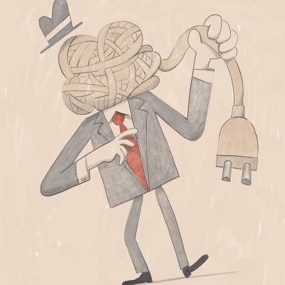 Desenho de figura humana com nó de corda na cabeça, fato cinzento e cabo elétrico