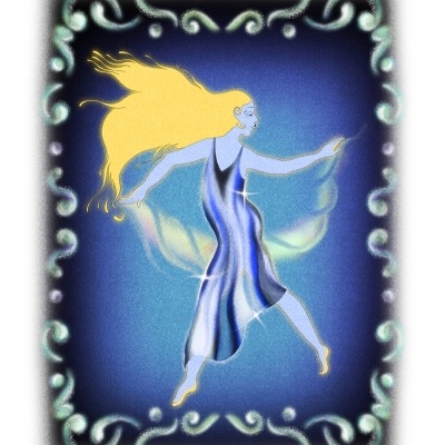 Figura feminina com vestido azul, asas translúcidas e cabelo amarelo em moldura decorativa