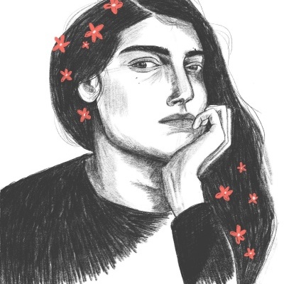 Desenho a preto e branco de mulher com flores vermelhas no cabelo