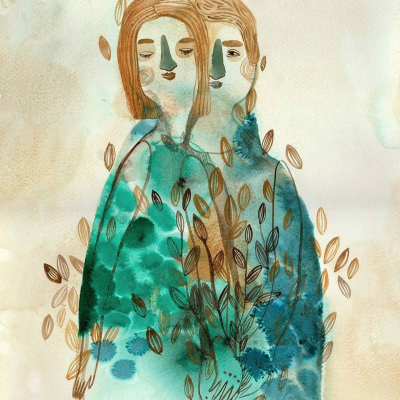 Ilustração artística de duas figuras humanas com motivos de folhas em tons marrons e azuis