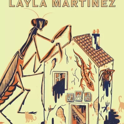 Capa do livro 'Caruncho' com mantis religiosa gigante e casa com tinta preta e lagartos.