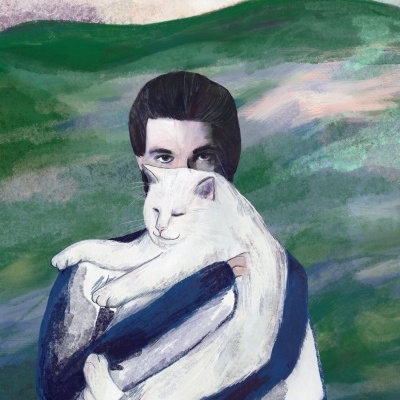 Pintura de pessoa abraçando gato branco perante colinas verdes