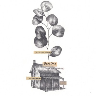 Desenho a preto e branco de casa de madeira com folhas grandes e texto em português.