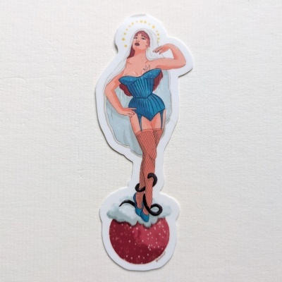 Adesivo ilustrado de mulher de vestido azul sobre esfera vermelha