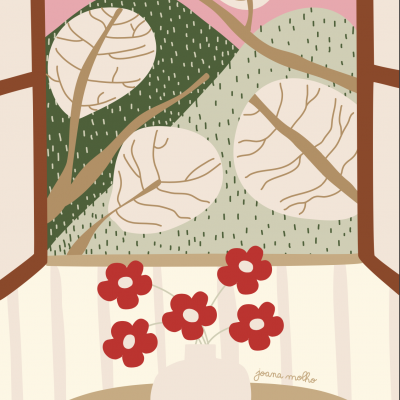 Ilustração de janela aberta com vaso e vista para colinas e árvores