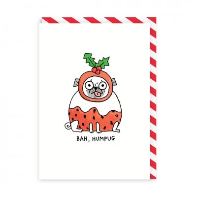 Cartão branco com ilustração engraçada de cão vestido de pudim de Natal e texto 'BAH, HUMPUG'