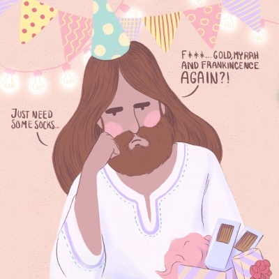 Ilustração de figura com barba e chapéu de festa com texto sobre presentes num aniversário