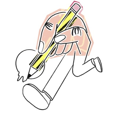 Desenho de mão a segurar lápis amarelo desenhando uma figura humana e texto em português e inglês