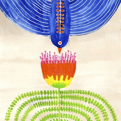 Desenho artístico de um pássaro azul sobre uma flor colorida