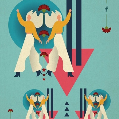 Ilustração digital com figuras humanas amarelas e brancas segurando cravos vermelhos sobre fundo azul e vermelho com formas geométricas.