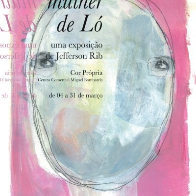 Cartaz com ilustração abstrata de rosto feminino em fundo cor-de-rosa para exposição de Jefferson Rib