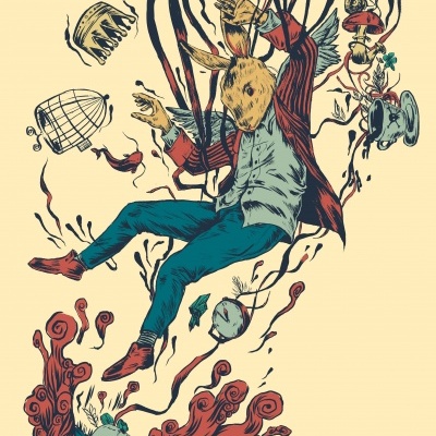 Ilustração de coelho vestido com casaco vermelho rodeado por objetos flutuantes em fundo bege