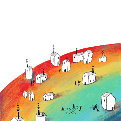 Ilustração de casas brancas com corações nas chaminés sobre fundo com arco-íris