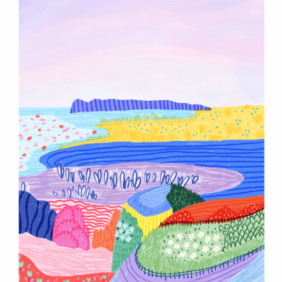 Ilustração colorida de paisagem com colinas e lagos e padrões variados