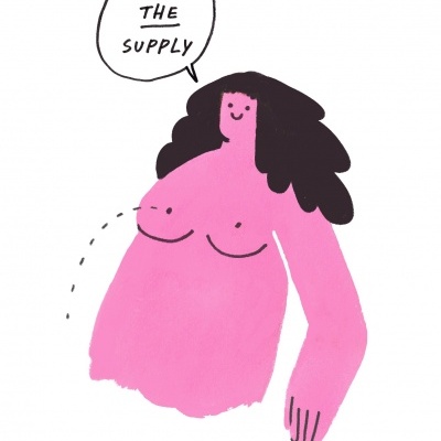 Ilustração de figura humana rosa com cabelo preto e balão de fala com texto