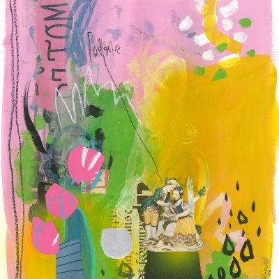 Colagem colorida com fundo em rosa, amarelo e verde, mistura de formas abstratas, texto recortado e figura recortada de duas pessoas em roupa antiga.